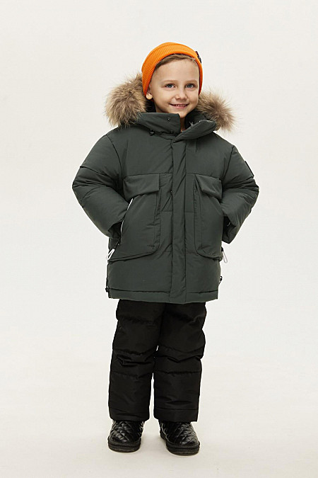 Комплект (куртка/полукомбинезон) зимний для мальчика, р-р:128, цв.куртка:хаки полукомбинезон:черный