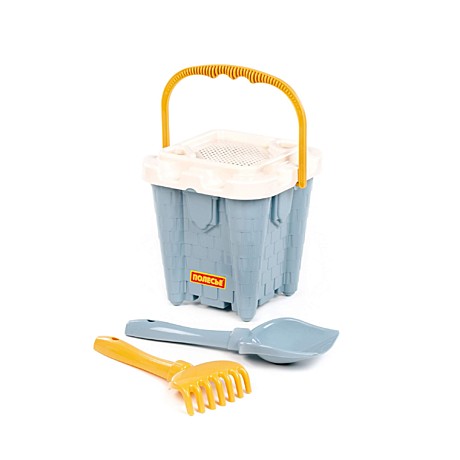 Набор №692: ведро-замок большое №2, ситечко-крепость большое, лопатка №5, грабельки №5 (серо-голубой