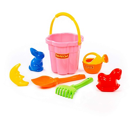 Набор №317: ведро-цветок среднее №3, лопатка №5, грабельки №5, формочки (заяц + лошадка + месяц), ле