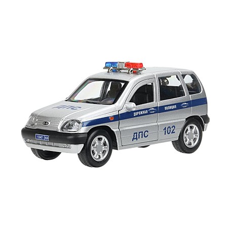 Машина металл LADA NIVA ПОЛИЦИЯ 12 см, двери, багаж, инерц, серебрист, кор. Технопарк